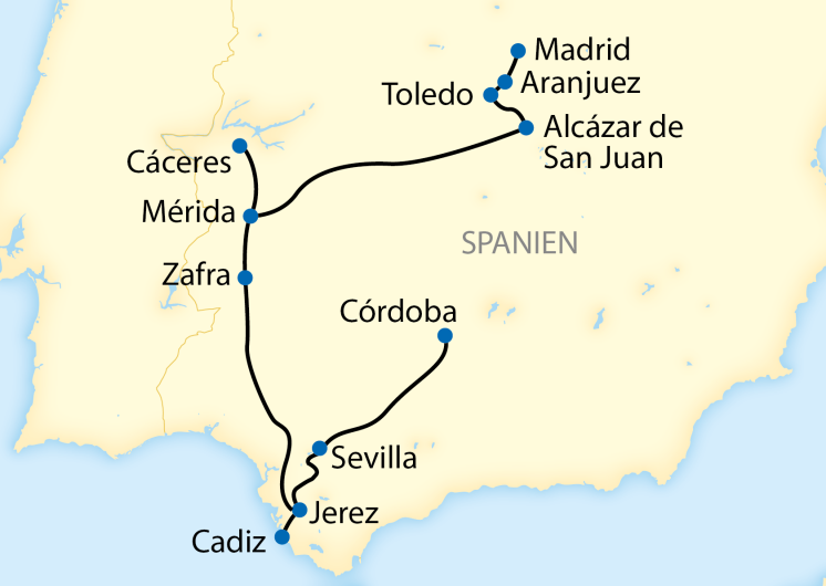 Karte Al Andalus Reiseverlauf Sevilla - Madrid
