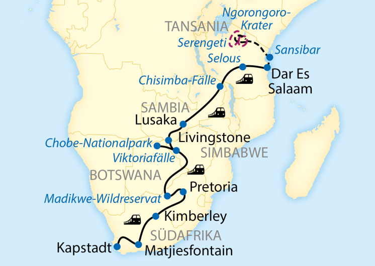 Karte_Rovos_Rail_Kapstadt - Dar Es Salam_plus Reisebaustein_1616_2025