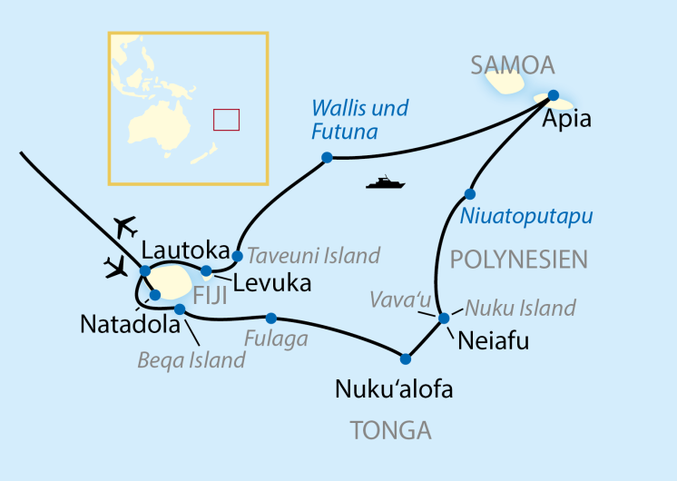 Reiseverlauf Karte Schiffsreise Fiji, Samoa, Tonga